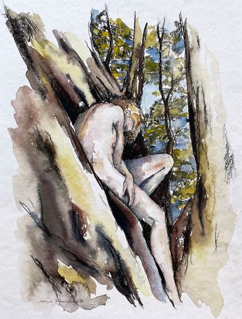 Mensch im Baum nackt Person malen Aquarell