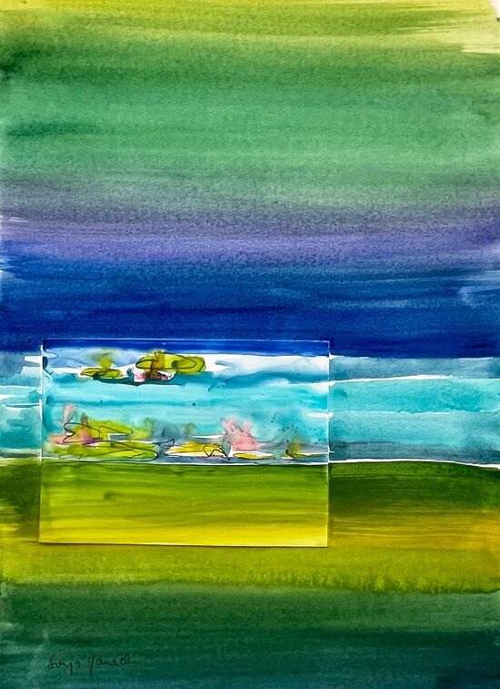 malen am meer bildausschnitt serie2 aquarell malerei steinpapier see seerosen blumen landschaft