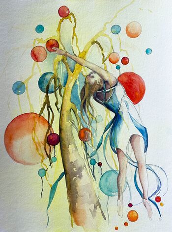 frau schwebend kugeln aquarell fantasie