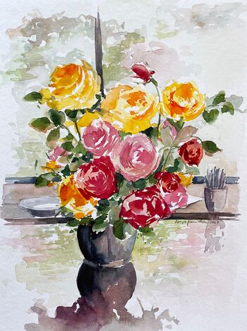 rose in vase Blumen malen Aquarell