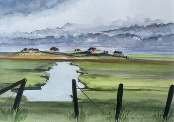 Hallig Langeneß Reetdachhäuser Aquarell