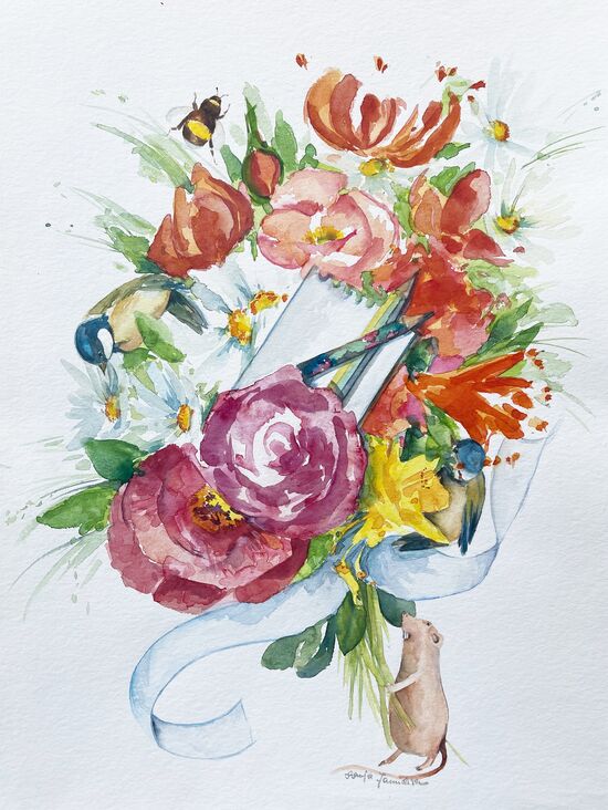 malen am meer illustration blume mit maus Blumen Maus Vogel im Aquarell malen