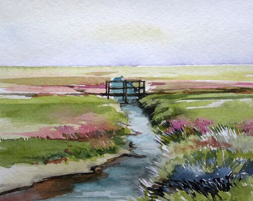 malen am meer priel Priel mit Halligflieder Landschaft Aquarell