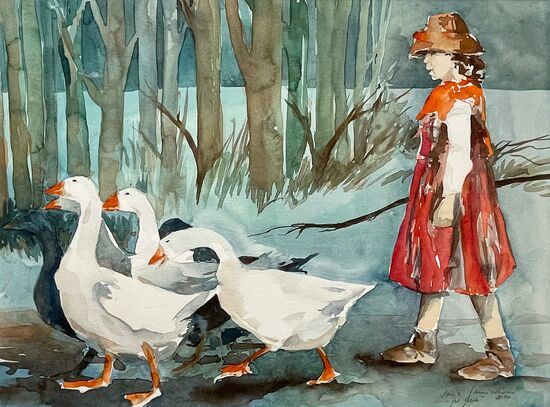 gänse mädchen aquarell malerei spaziergang