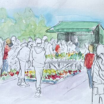 personen markt blumen gemalt