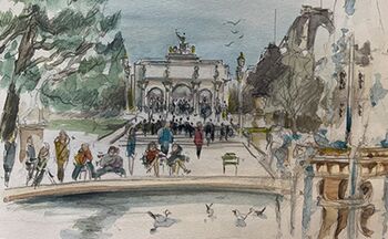 paris stadtszene mit brunnen gemalt sketch paris