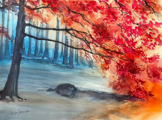 malen am meer wald mit rotem baum roter Baum im Wald Nebel Aquarell