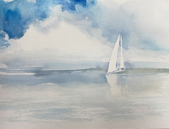 weißes Segelboot mit Spiegelung im Meer Aquerall