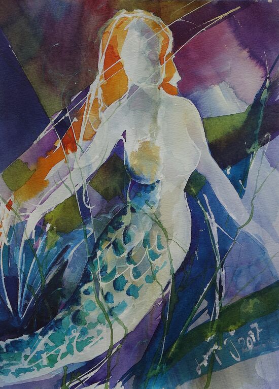 malen am meer nixe Meerjungfrau im Aquarell malen