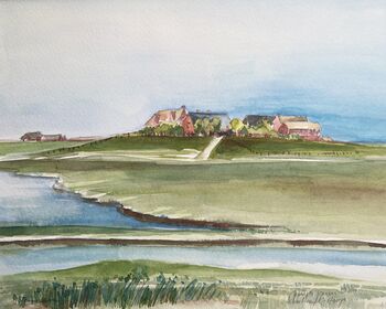 Hallig Hooge Schulwarft Landschaft Aquarell