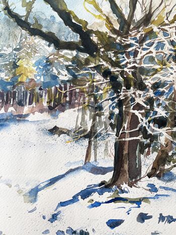 Baum Wald Wildschweine im Schnee Aquarell