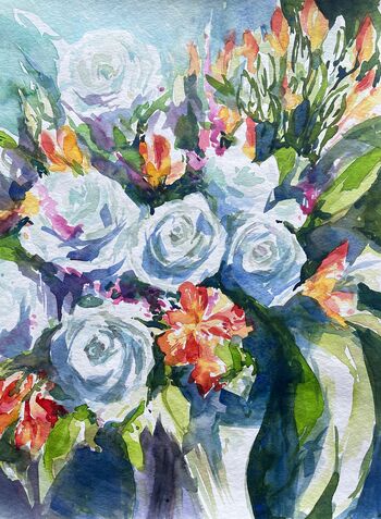 weiße rosen um strauß unschuld und treue aquarell