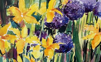 gelb und lila Blumen im Aquarell
