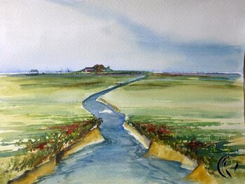 hallig hooge Kirchwarft Priel Aquarell