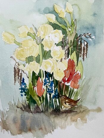 vogel stillleben blumen aquarell malerei gemälde