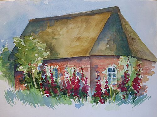 malen am meer reetdachhaus reetdachhaus mit stockrosen im aquarell