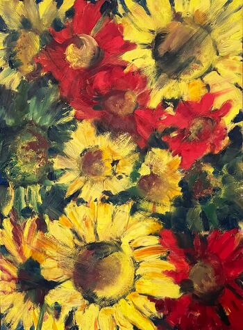 Sonnenblumen rot gelb Blume Blumenstrauß Ölbild