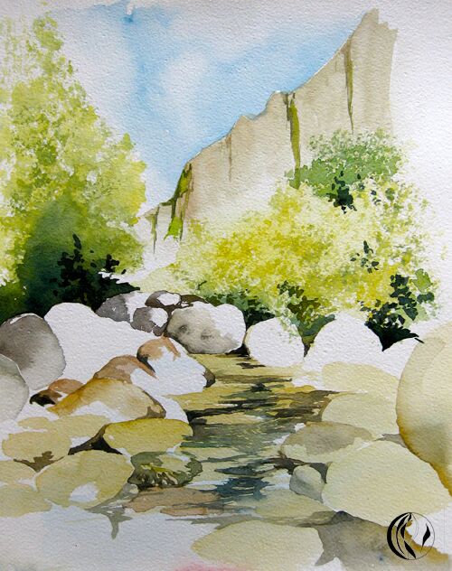 Steinbruch mit Wasser Steine Bach Aquarell