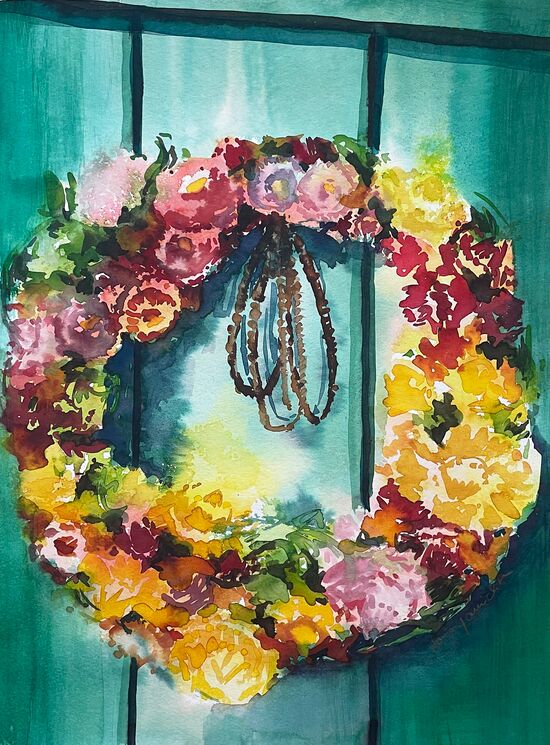 malen am meer kranz bunt kranz türkranz aquarell malerei gemälde blumen zuhause