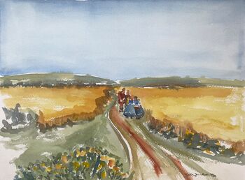 feld familie spaziergang aquarell malerei