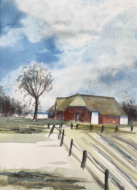malen am meer reetdach hof Reetdachhaus Hof Landschaft im Aquarell