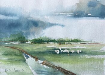 Schafe am Deich Aquarell Landschaft