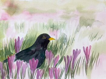 Amsel Krokus Blumen Tier malen Aquarell