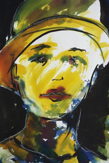 gelbe Frau Portrait mit Hut Aquarell