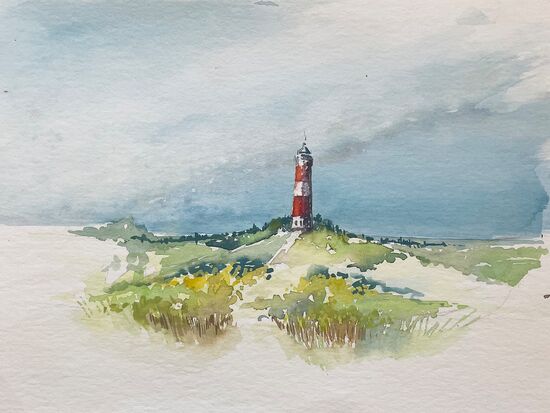 Leuchtturm malerei aquarell landschaft dünen gemälde