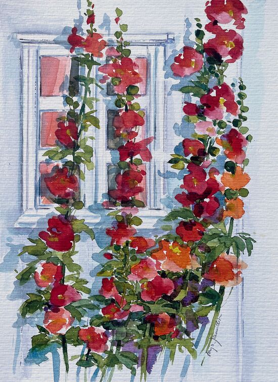Stockrosen vor weißer Wand Aquarell