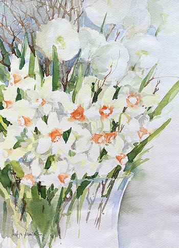 Narzissen weiß Weidekätzchen Aquarell malen