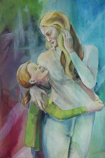 Mutter mit Kind Portrait im Aquarell