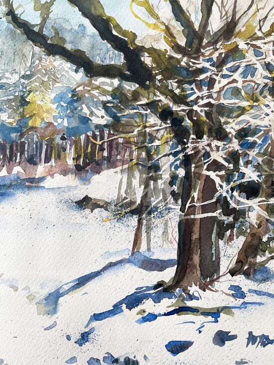Baum Wald Wildschweine im Schnee Aquarell