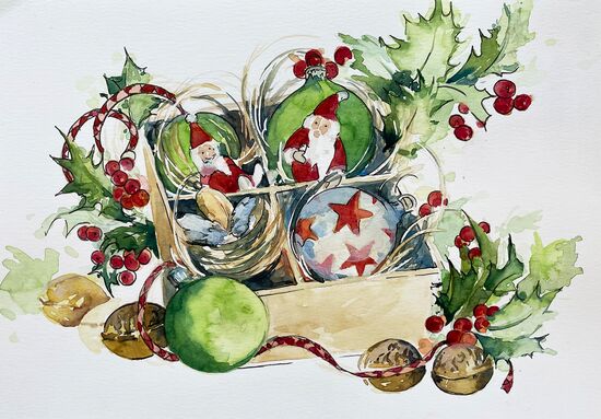 malen am meer weihnachtskugeln Weihnachtsmotiv Kugeln Weihnachtsmänner Aquarell