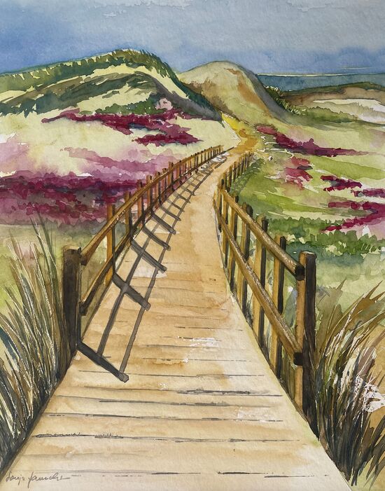 Holzsteg in den Dünen zum Meer Aquarell