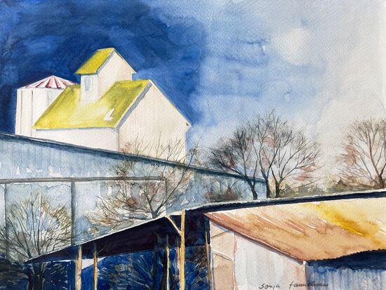 malen am meer koogsreihe Koogsreihe Landwirtschaft Schuppen im Aquarell malen