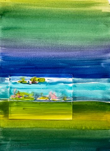 aquarell malerei steinpapier see seerosen blumen landschaft