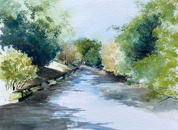aquarell malerei fluss bäume wald natur