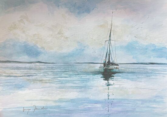 ruhige See mit Segelboot gemalt im Aquarell