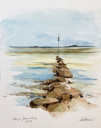 Westtonne Wattenmeer Steine Aquarell