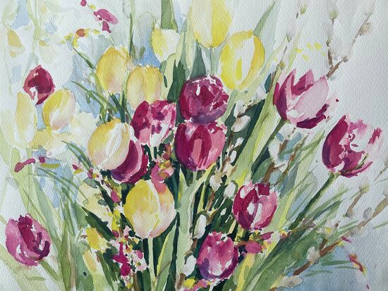 tulpen gelb lila blumen im Aquarell