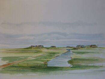 Hallig Hooge mit Priel im Aquarell