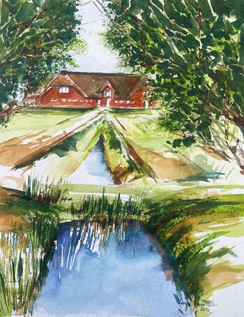Reetdachhaus Hof Aquarellbild Landschaft