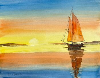 Segelboot mit Sonnenuntergang gemalt im Aquarell