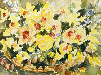 Osterglocken im Korb Blumen im Aquarell