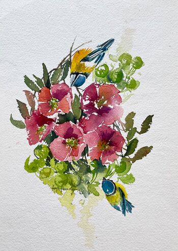 Meisen Christrosen rot Blumen Tiere Vögel Aquarell malen