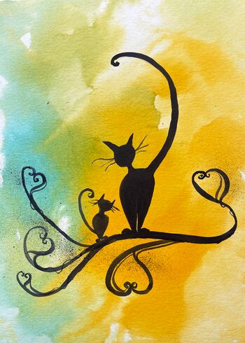 malerei aquarell katzen ast baum sonnenuntergang