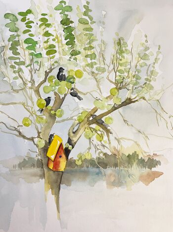 Apfelbaum mit Vogelhaus Baum malen Aquarell