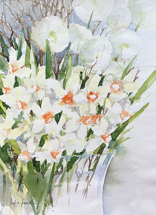 malen am meer weiße osterglocken Narzissen weiß Weidekätzchen Aquarell malen