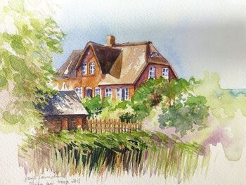 Reetdachhaus auf Hallig Hooge Aquarell